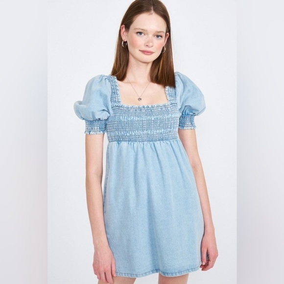 Altar’s State Denim Puff Sleeves Smocked Babydoll Mini Dress Size M - Picture 2 of 13